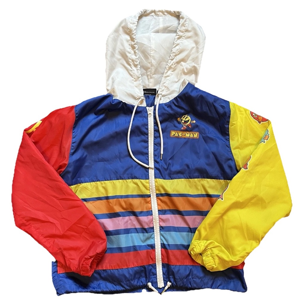 Pac Man Vintage Style Colorblock Zip Up Windbreaker Jacket Size Large Namco